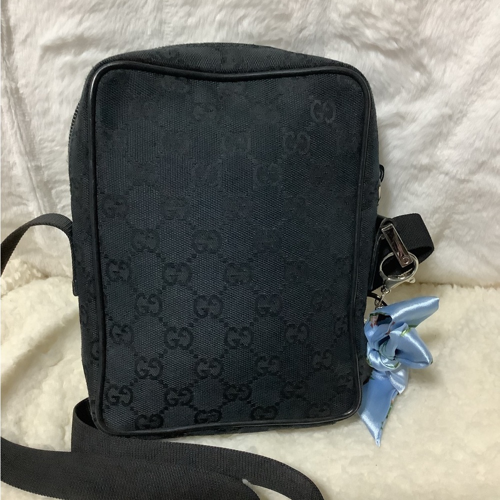 Gucci Black GG Monogram Crossbody with Blue Scarf Charm